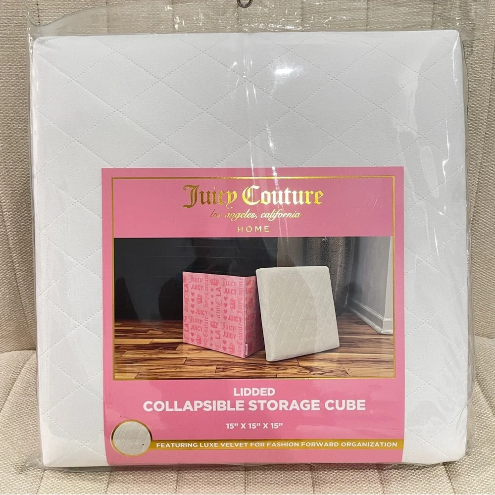 NEW Juicy Couture Pink Logo Lidded Collapsible Storage Cube White Quilted Velvet